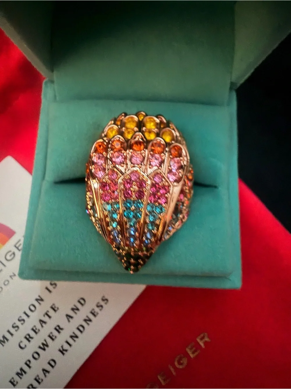 Kurt Geiger Gold-Tone Multicolor Crystal Shell Ring Size 7
